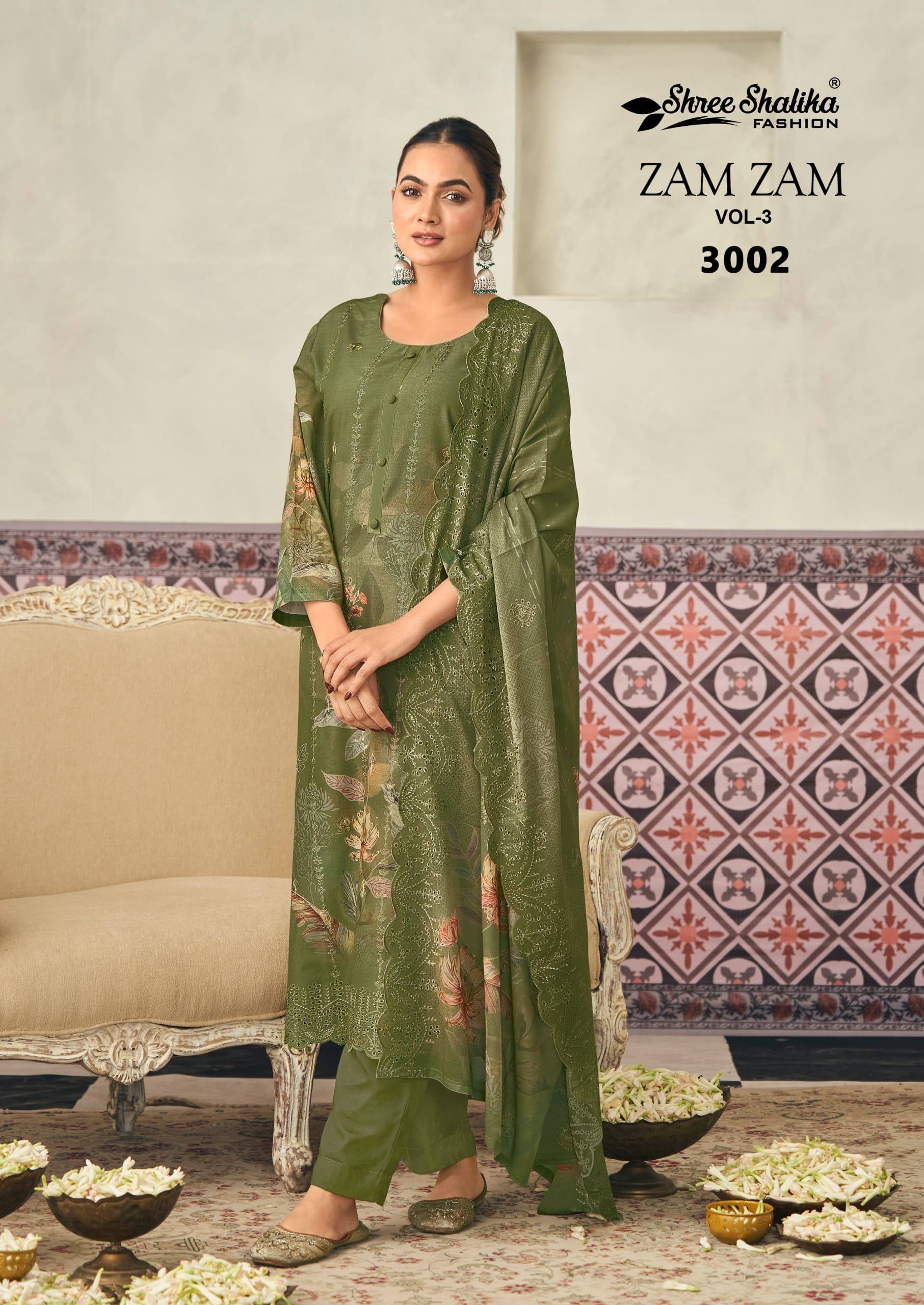 Zam zam  vol-3 by shree shalika 3001 To 3008 Designer Festive Suits Collection Beautiful Stylish Fancy Colorful Party Wear & Occasional Wear EMBROIDERED cotton lawn Dresses At Wholesale Price